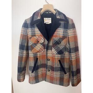 Vintage FOX KNAPP Sz Small Blue Gray Beige Orange Plaid Wool Coat Jacket